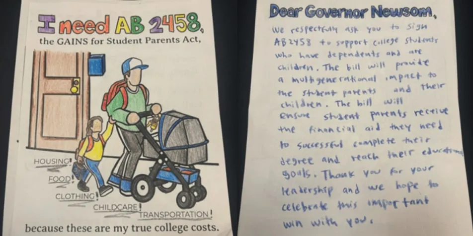 A drawing of a student parent with children alongside a handwritten letter urging Governor Newsom to sign AB 2458 and support student parents.