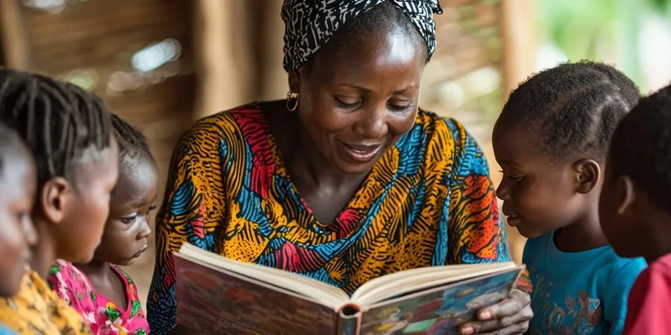 A woman wearing a colorful dress and a patterned headwrap smiles while reading a book to a group of young children gathered closely around her.