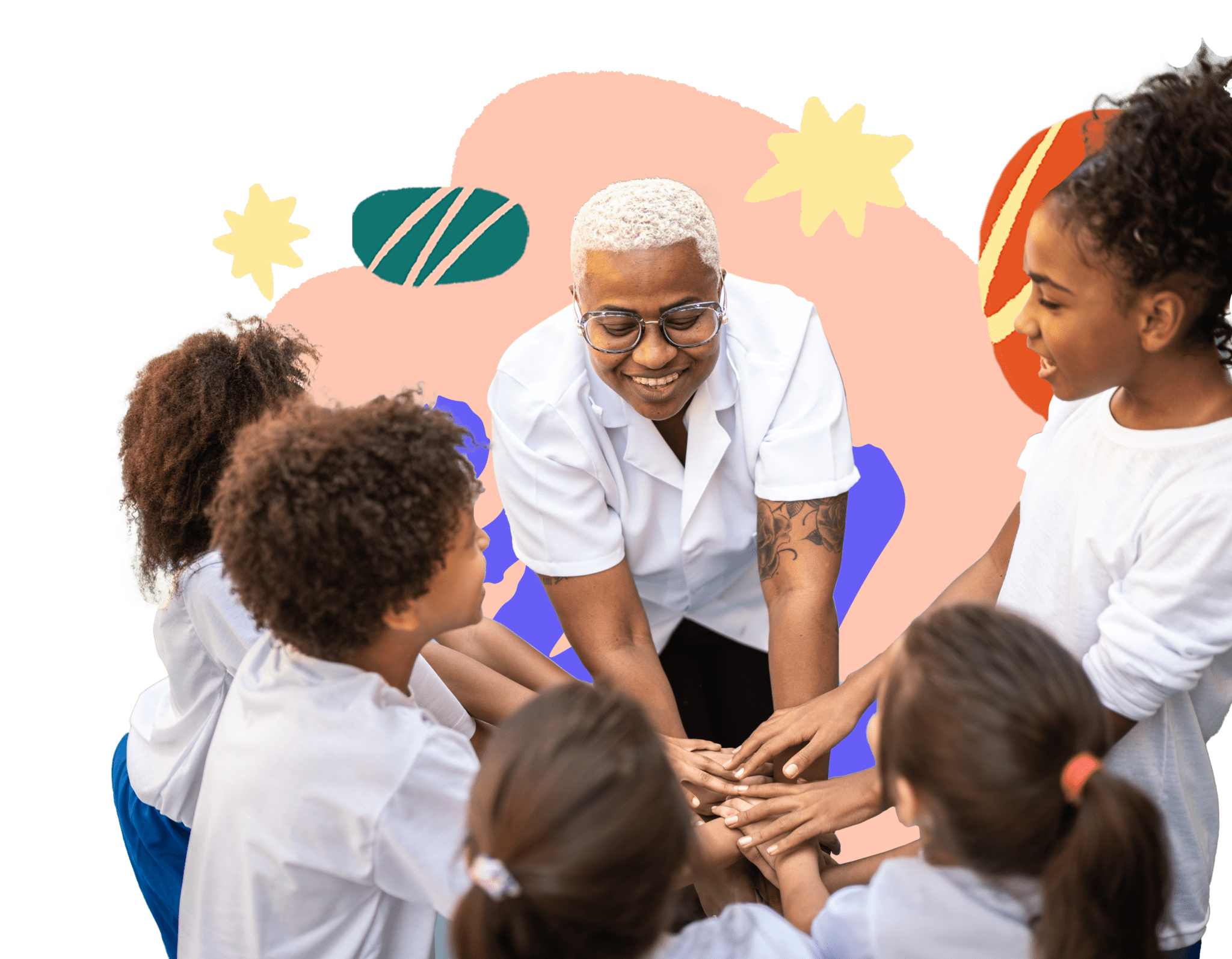 students and teacher with illustrated background