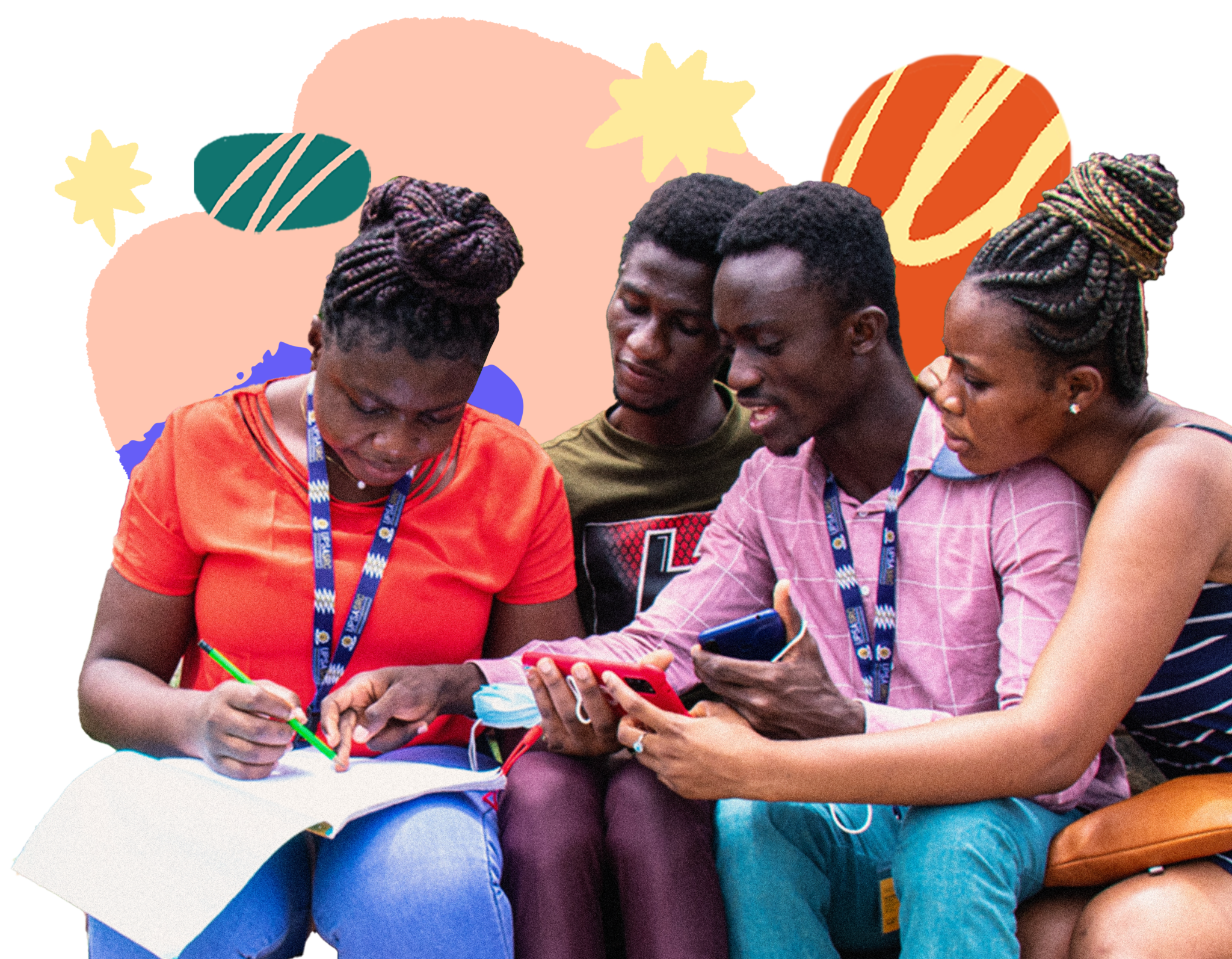 four students with illustrated background