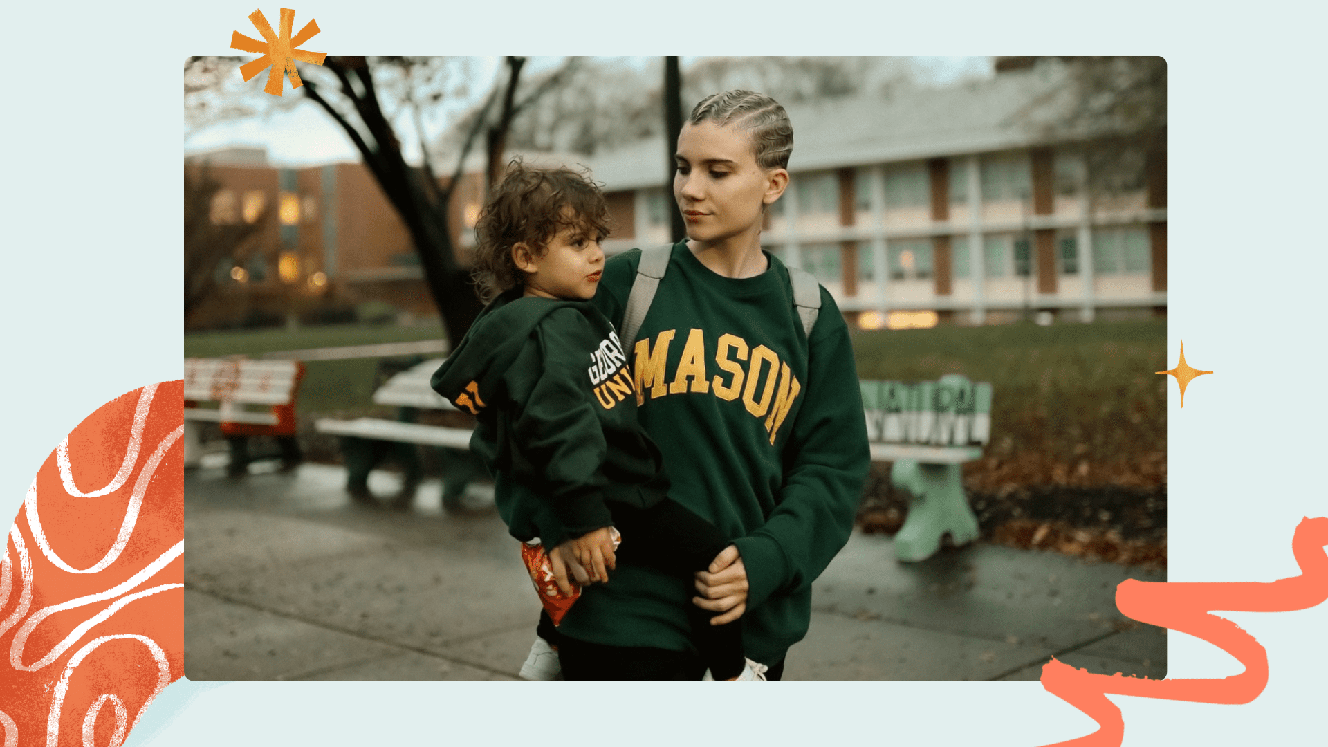 Student mom with her son on campus