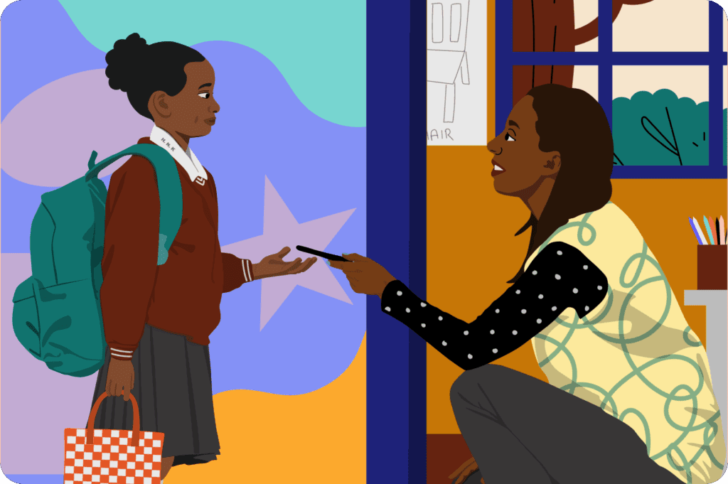 Illustration of a female Kenyan teacher kneeling down, handing young female student a phone