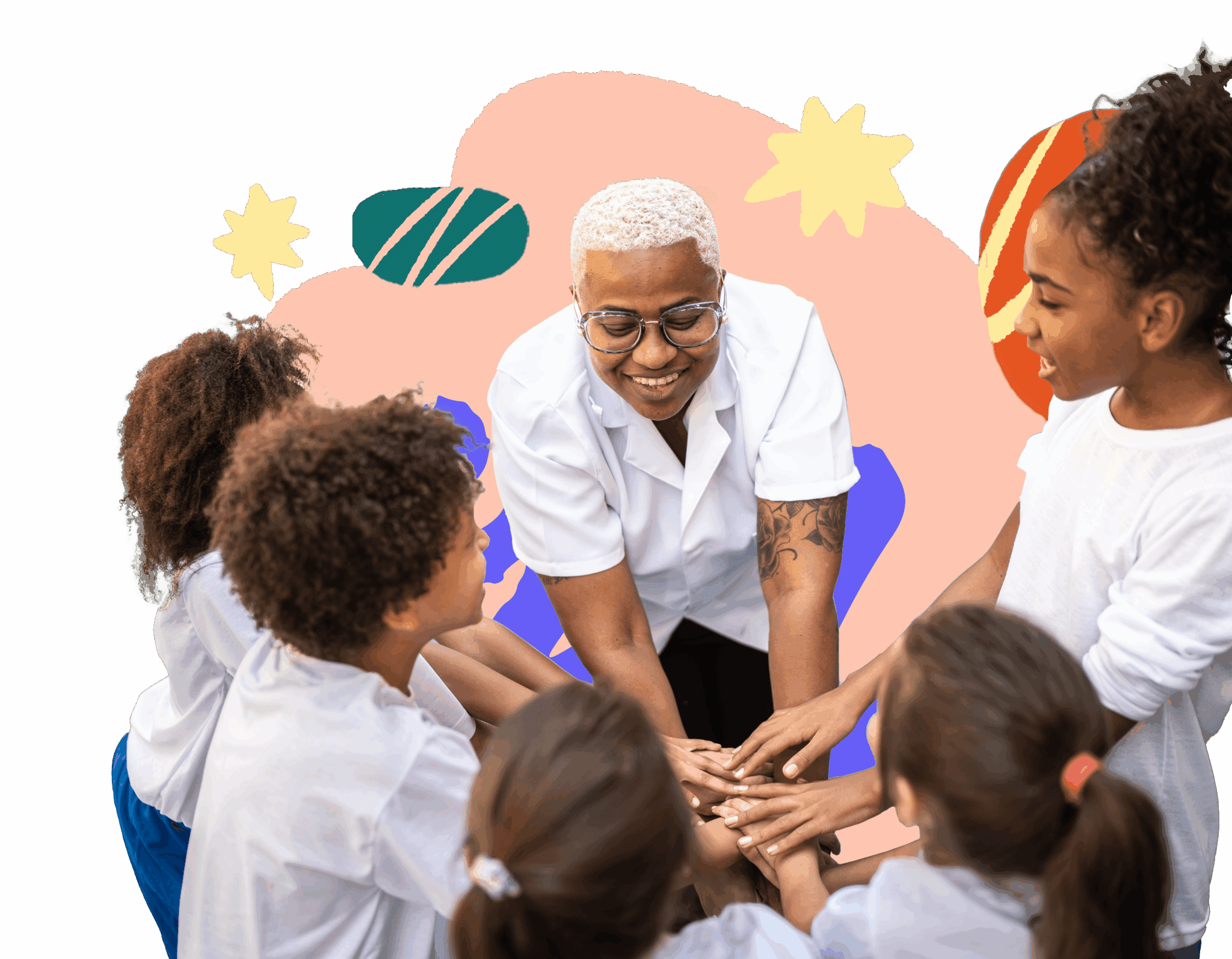 educator with group of students all with their hands in the middle and a colorful illustration behind them
