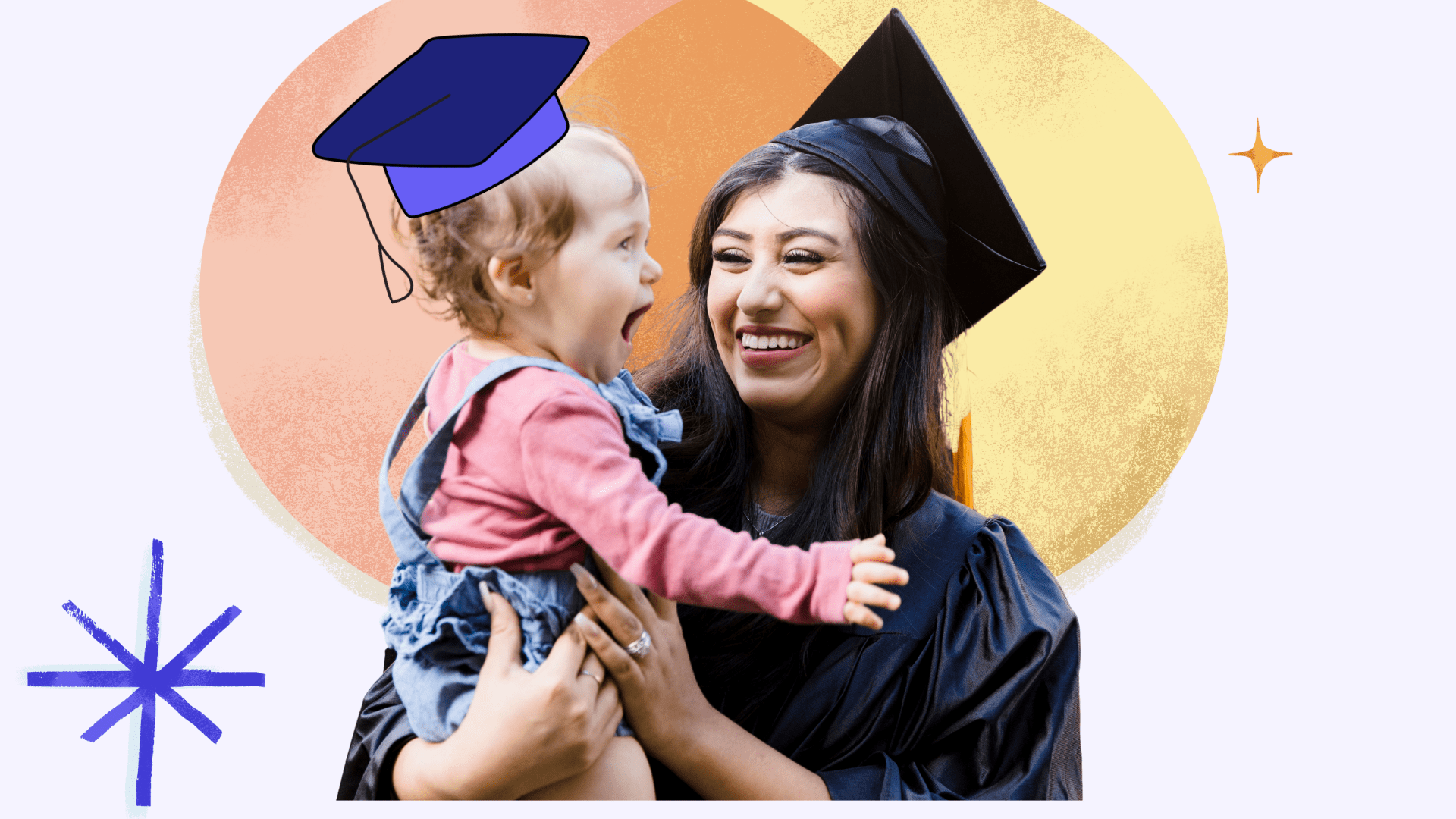 A mom in a graduation cap and gown with her daughter smiling.