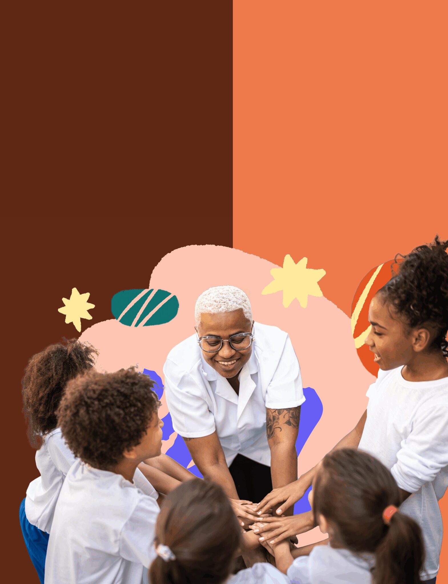 educator with group of students all with their hands in the middle and a colorful illustration behind them