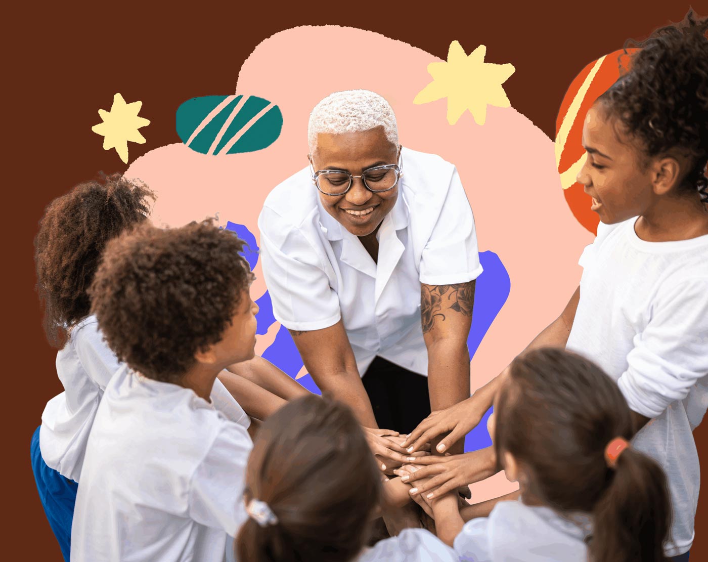 educator with group of students all with their hands in the middle and a colorful illustration behind them