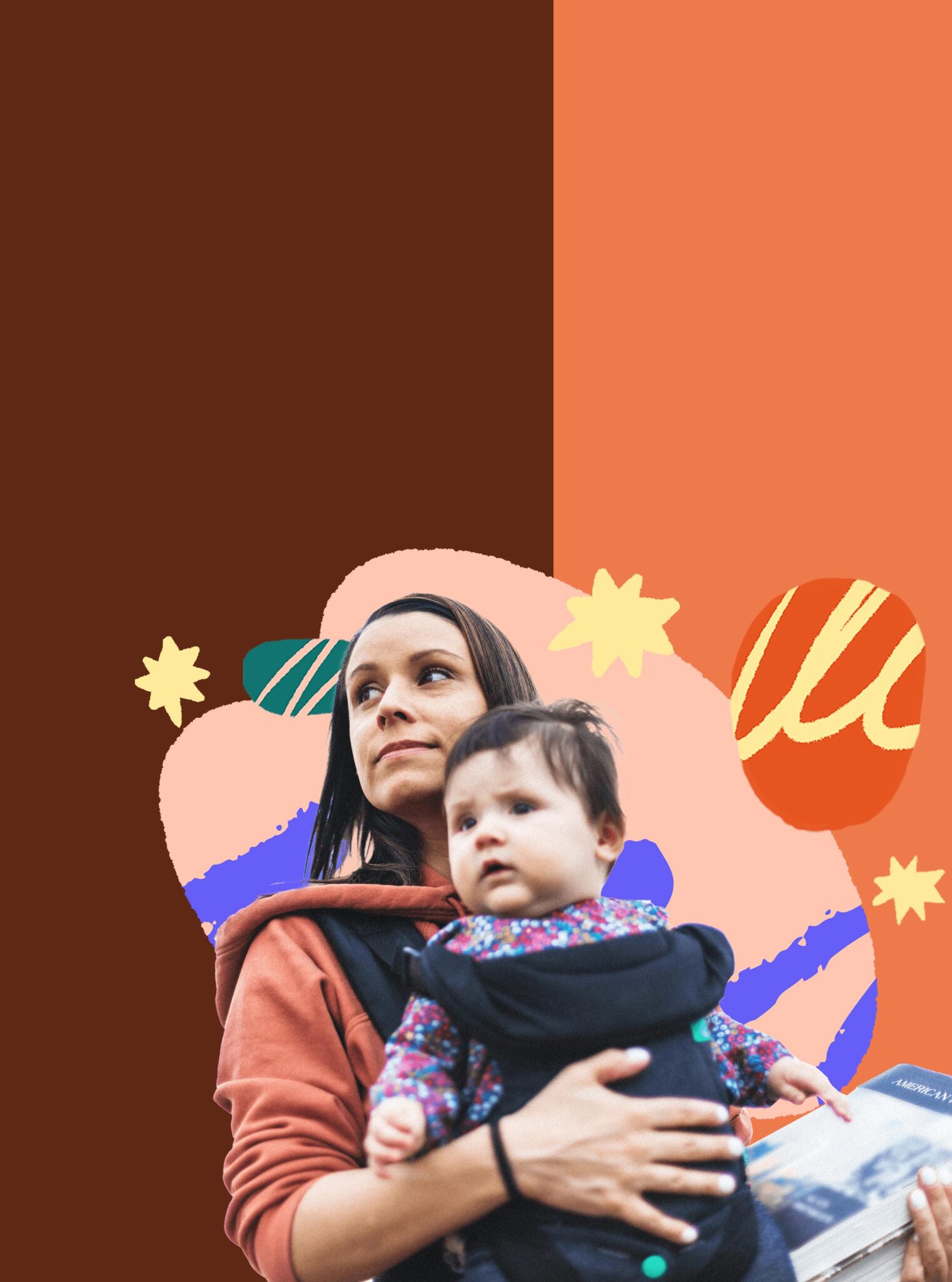 student mom with her baby in a front carrier and a colorful illustration behind her