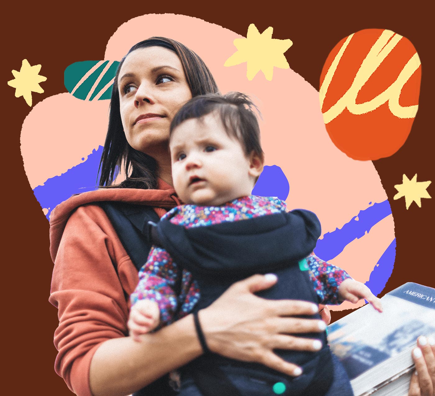 student mom with her baby in a front carrier and a colorful illustration behind her