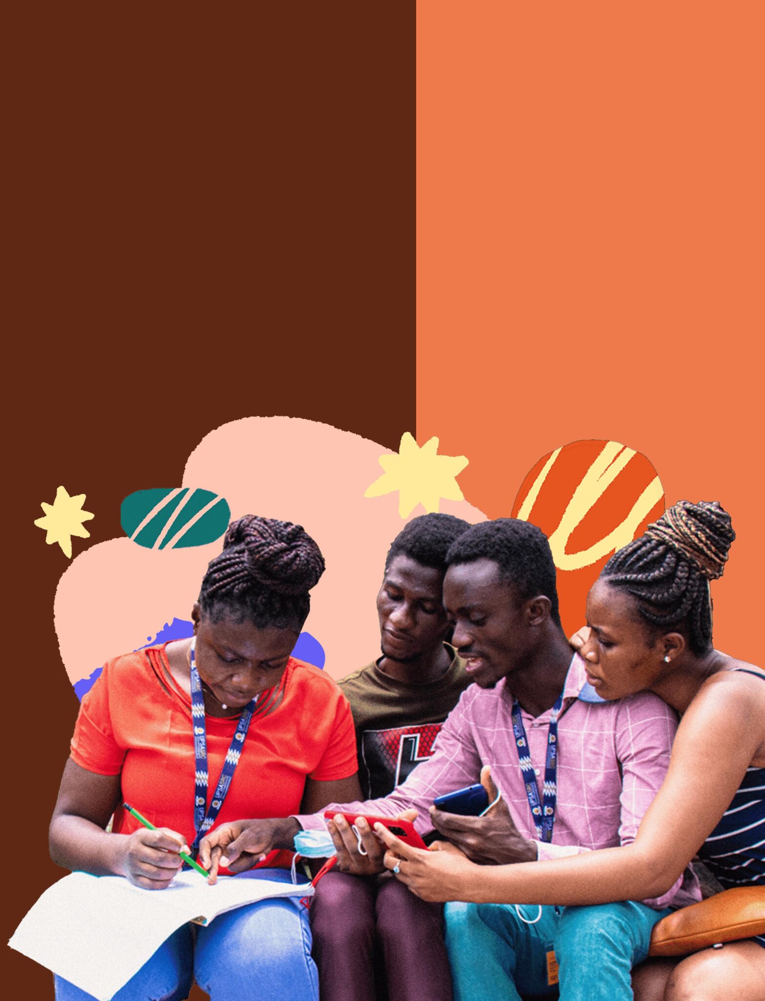 group of four students with colorful illustration behind them