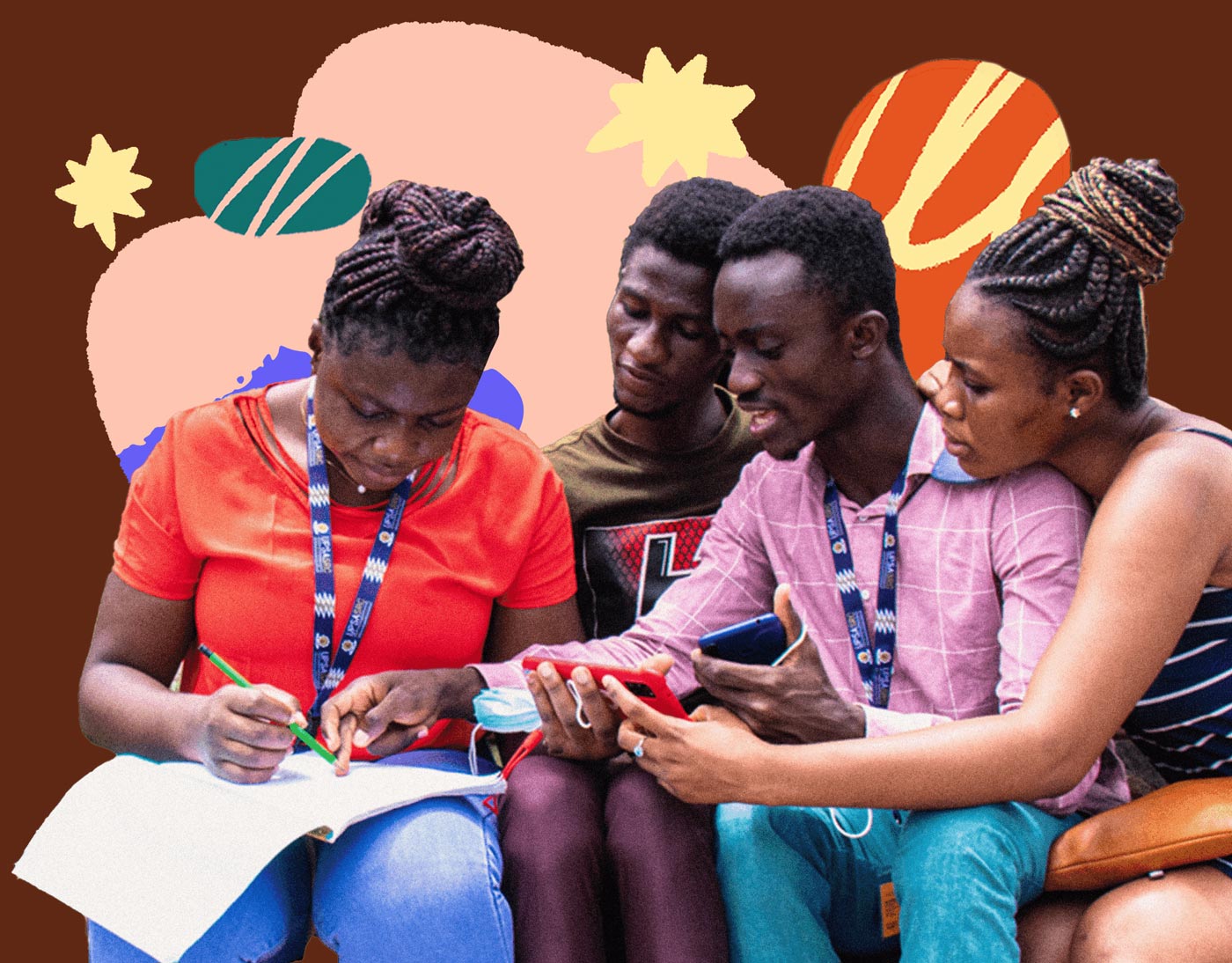 group of four students with colorful illustration behind them