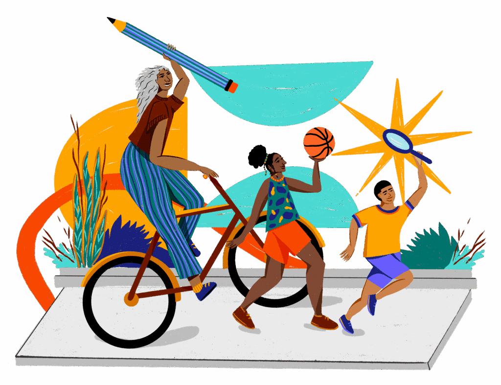 illustration of three people of color on bicycles