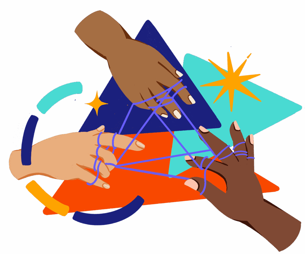 illustration of three hands in different colors all connected
