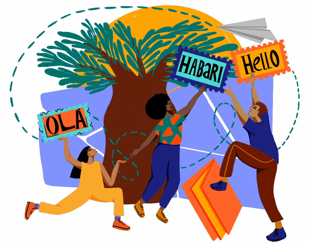 illustration of three people of color by a tree holding signs that read "hello" in different languages