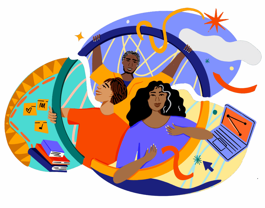 illustration of three people of color surrounded by books and laptops
