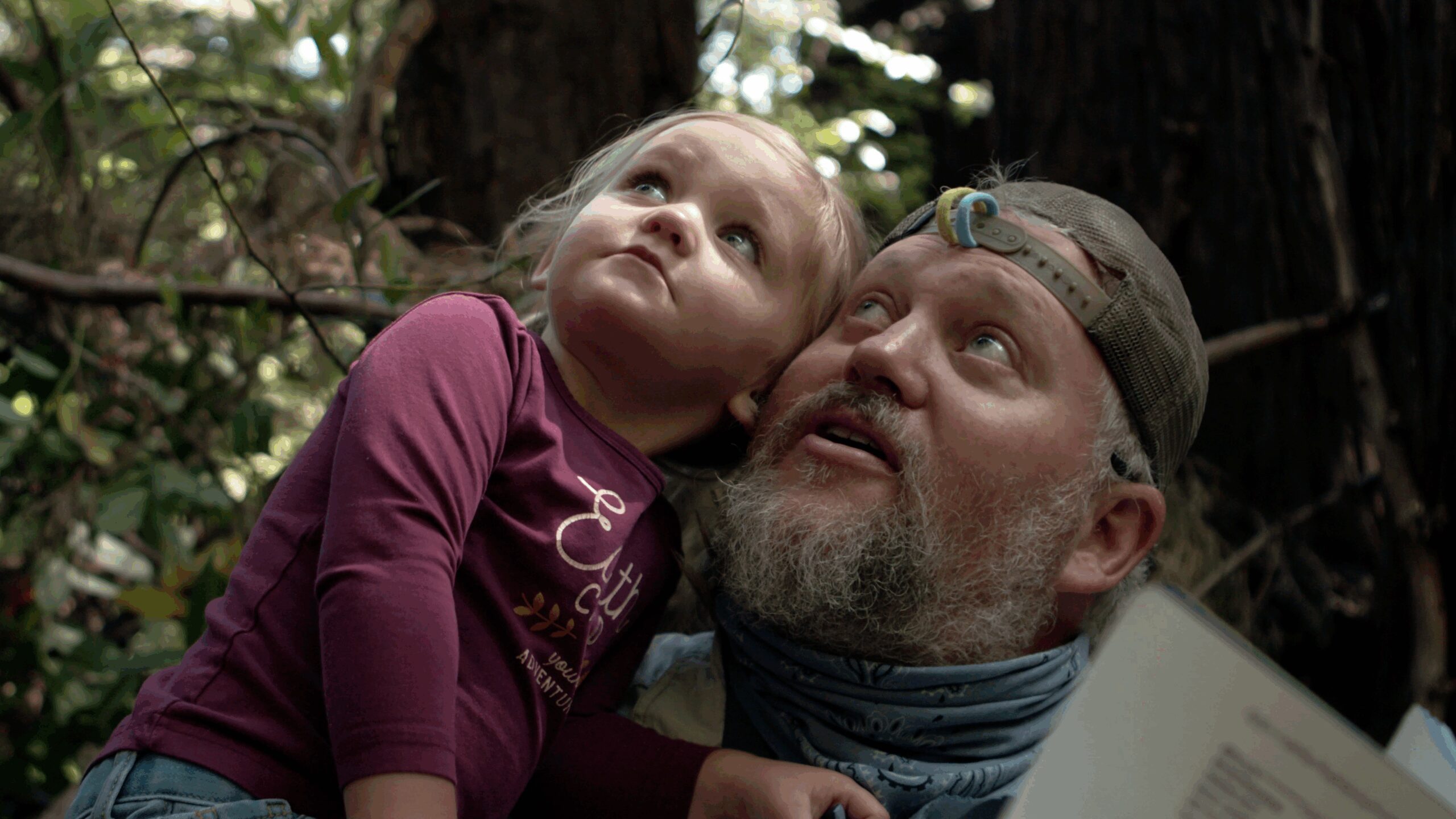 Early educator Dan holds Maisie, a young child, as they look at trees