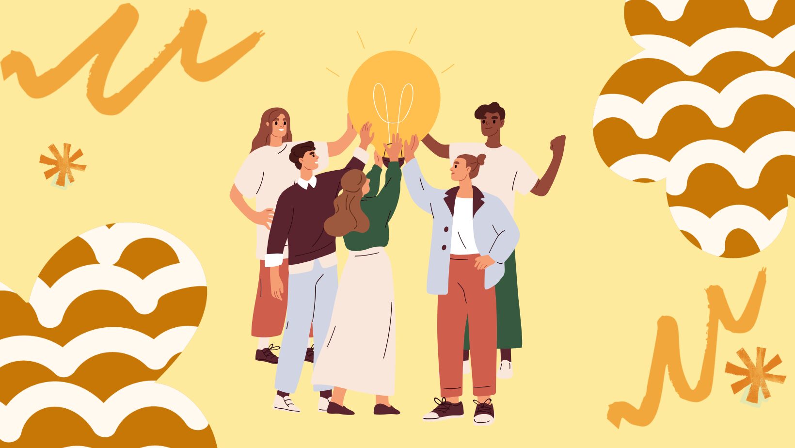 Illustration of a diverse group of people huddled around a light bulb.