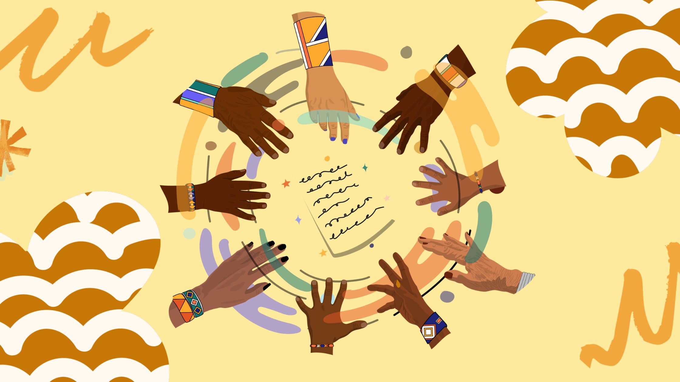 Illustration of diverse hands gathered around a shared document, representing Imaginable Futures' partnership feedback from grantees across Brazil, Kenya, and the US.
